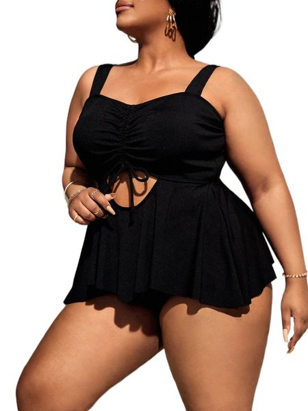 

plus rib drawstring cut-out bikini swimsuit c3nf#, White;black