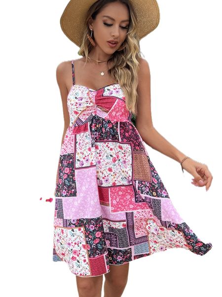 

patchwork ruched tie backless cami dress q2cu#, Black;gray