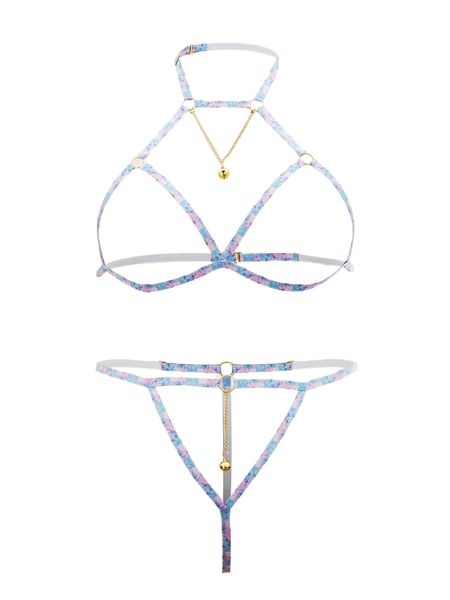 

plus ring linked chain detail harness lingerie set 09bj#, Black;white