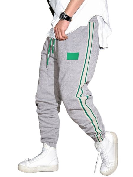 

men patched striped tape side drawstring waist sweatpants m7v2#, Black