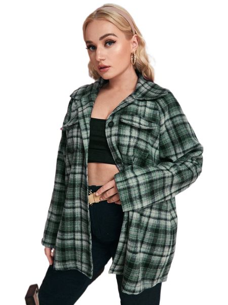 

plus plaid flap pockets single breasted overcoat i6fv#, Black