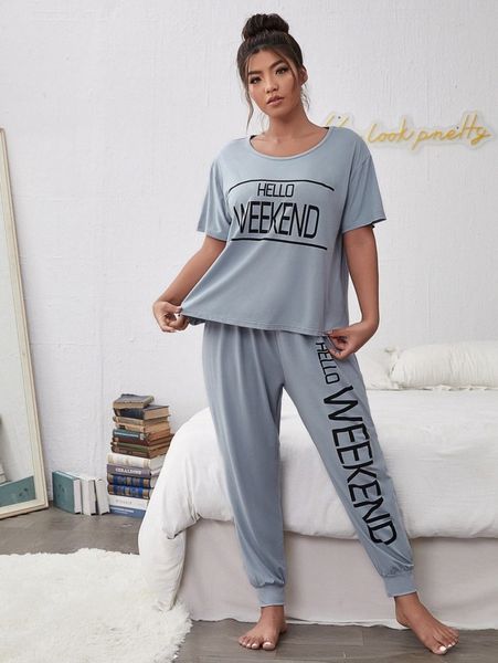 

plus slogan graphic pajama set w97j#, Black;white