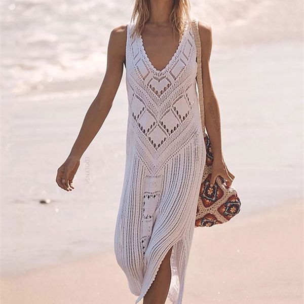 Sexy sem mangas biquíni cobre-ups branco crochê túnica de malha verão praia dres praia desgaste nadar capa up q1299 220408