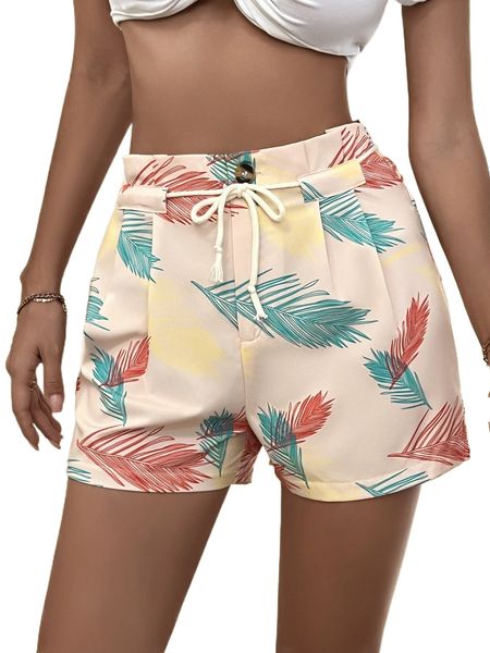 

tropical print plicated detail drawstring waist shorts o86s#, White;black