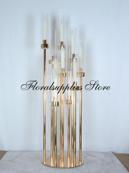 Decorazione per feste all'ingrosso Candelabro a 10 braccia Portacandele in oro per centrotavola per matrimoni Eventi Decorazioni floreali