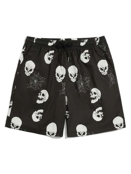 

romwe guys skull & cobweb graphic drawstring shorts 4024#, White;black