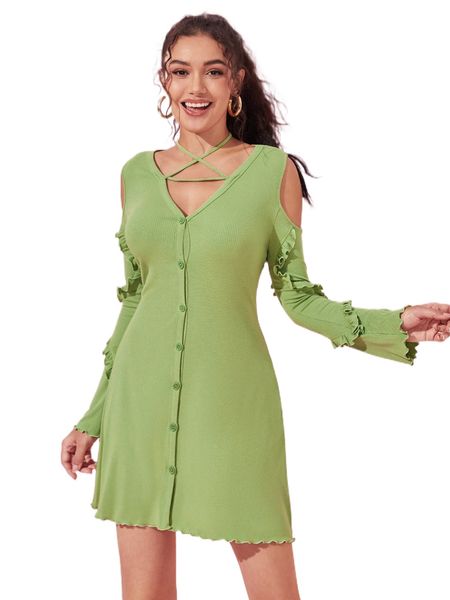 

x meng fei lin crisscross cold shoulder lettuce trim dress e40c#, Black;gray