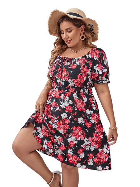 

plus floral print puff sleeve knot front dress y0gp#, Black