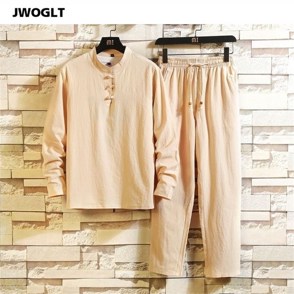 

shirt trousers korean fashion summer long sleeve shirt man cotton and linen clothing casual black khaki white tracksuit set 201128, Gray