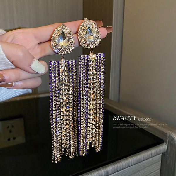 

925 silver needle water drop diamond long fringe earrings european and american fashion design eardrops internet famous personalized earring, Golden