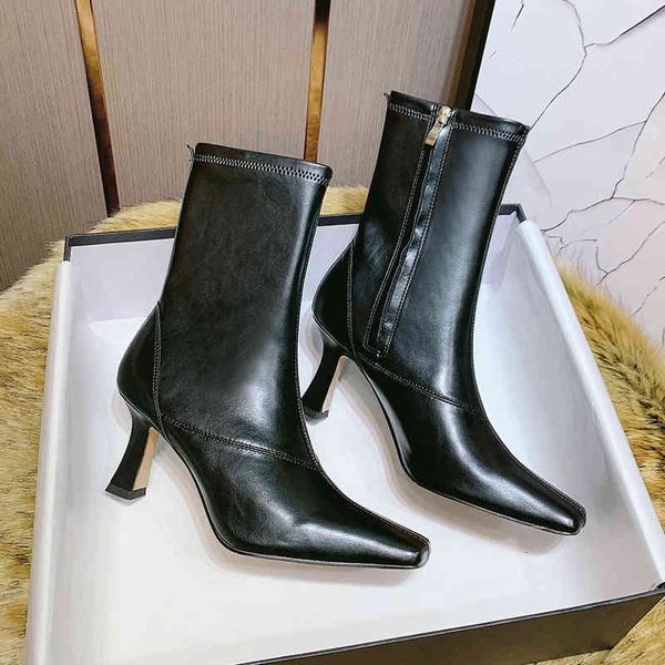 

boots high heeled short boots women's spring korean version stitched side zipper net red thin square head heel elastic, Black