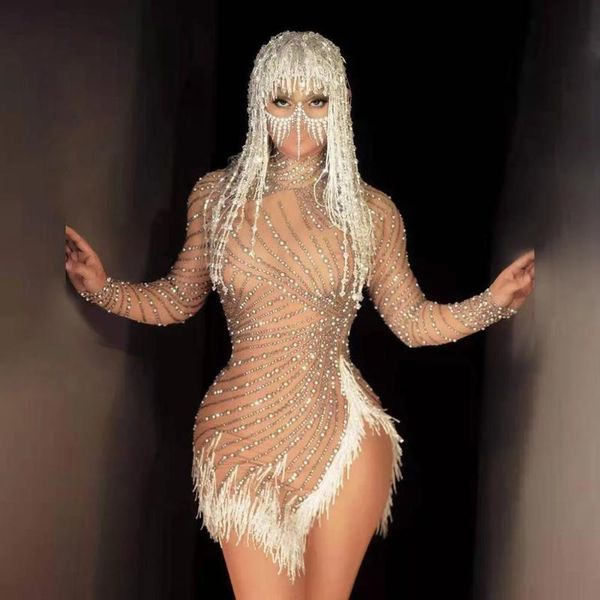 Parti dekorasyon ışıltılı rhinestone inciler ağ perspektif elbise kadınlar seksi yarık doğum günü balo bodycon gece kulübü dansçı sahne wearparty