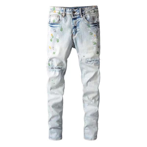 

jeans men designer pants for middle waist long elastic thin large code knee light blue sports paint holes cotton slim hand drawn good qualit