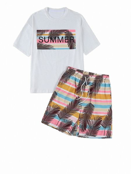 

men letter & tropical print tee & drawstring waist shorts 48hp#, Gray