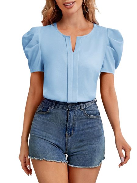 

notched neck puff sleeve seam front blouse m3rt#, White