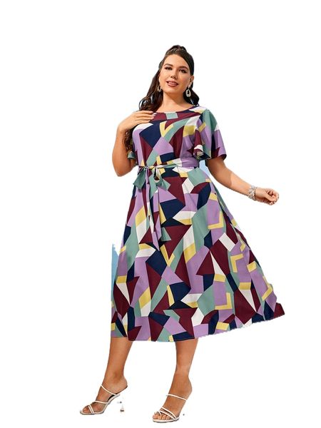 

plus self belted geo print dress 12yc#, Black