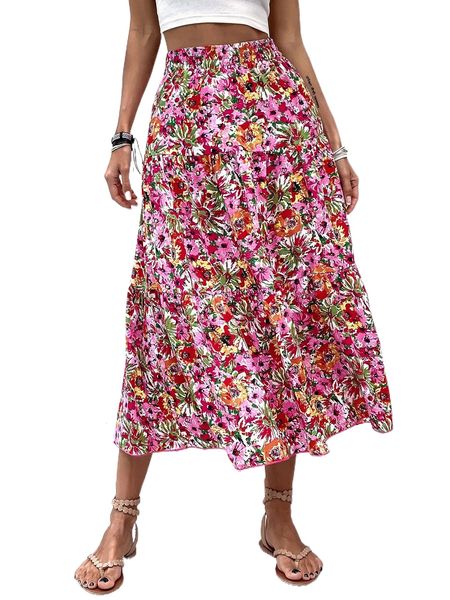 

high waist floral print ruffle hem skirt d0c0#, Black