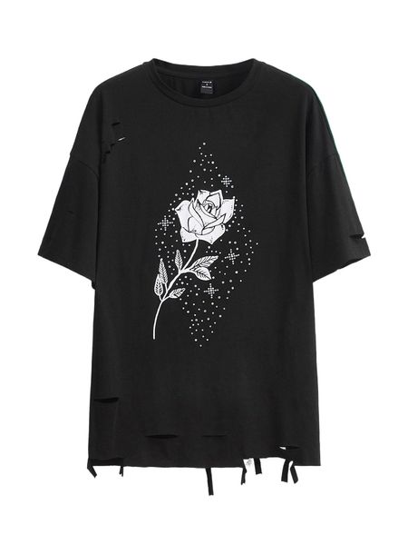 

x aj rose print ripped asymmetrical hem tee g8ky#, White