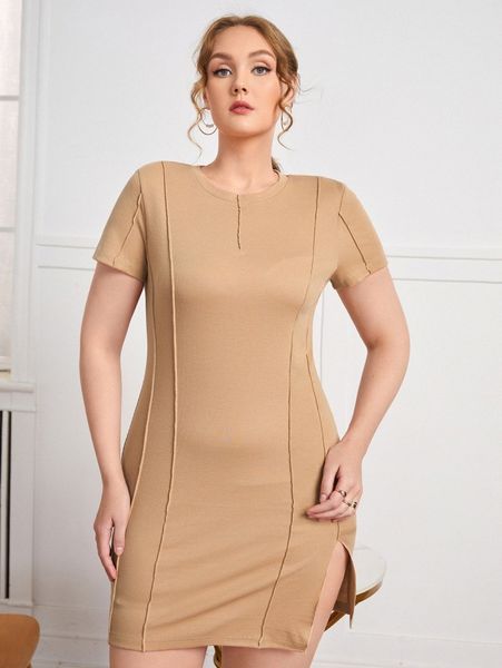 

plus stitch detail split hem dress 09kq#, Black