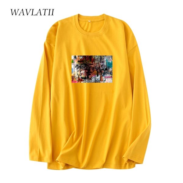 WAVLATII Moda Donna Stampa artistica Magliette a maniche lunghe Donna 100% cotone Giallo Casual Primavera Tees Top WLT2126 220511