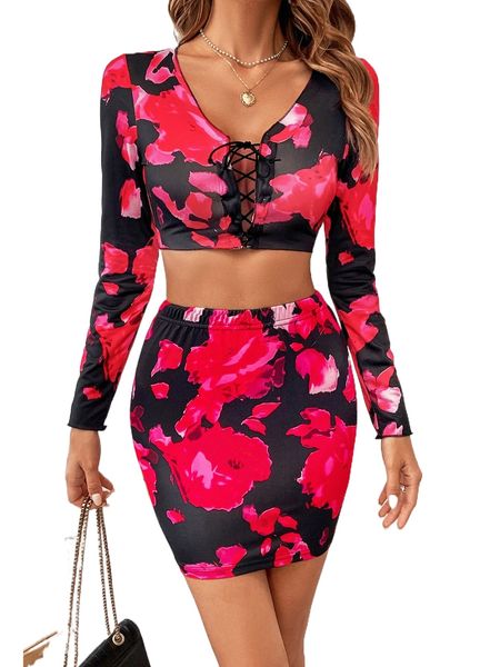 

allover print lace up crop & bodycon skirt k9wd#, White