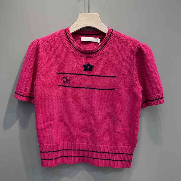 

women's knits tees d family knitted five pointed star style round neck embroidered bubble sleeve navy thin short, White