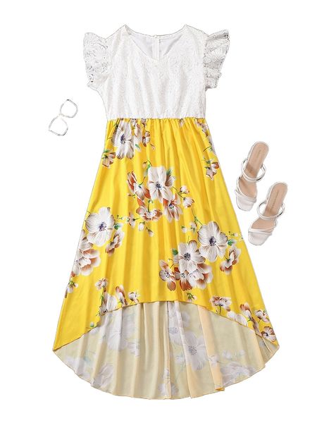 

plus floral print contrast lace ruffle sleeve high low hem dress 38fr#, Black