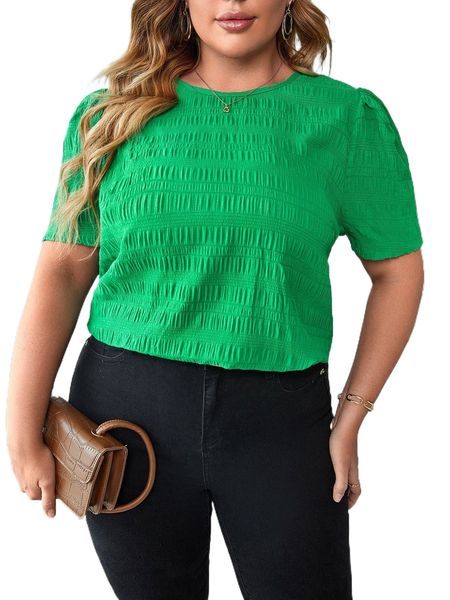 

plus solid puff sleeve blouse 59t2#, Black