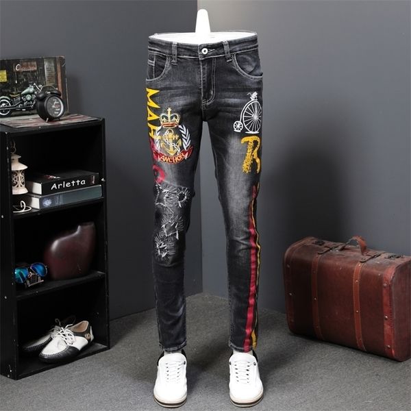 

holes patch printing jeans male elastic leisure time pants men denim trousers jeans slim straight vintage hole jean for men 201111, Blue