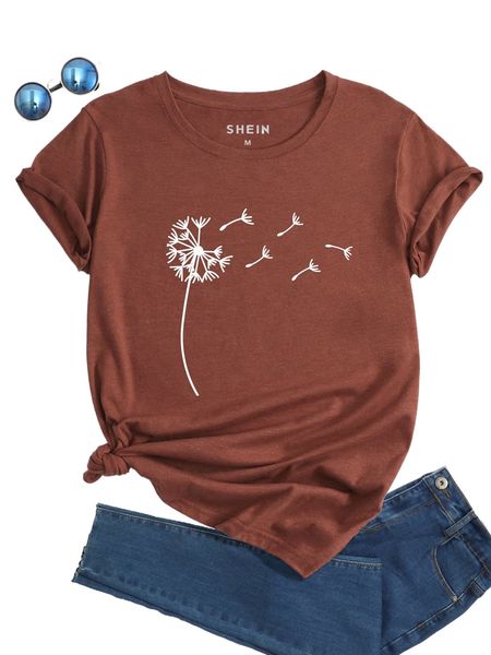 

dandelion print round neck tee x43j#, White