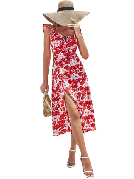

allover floral print ruffle trim lace up front split thigh dress m1cu#, Black;gray