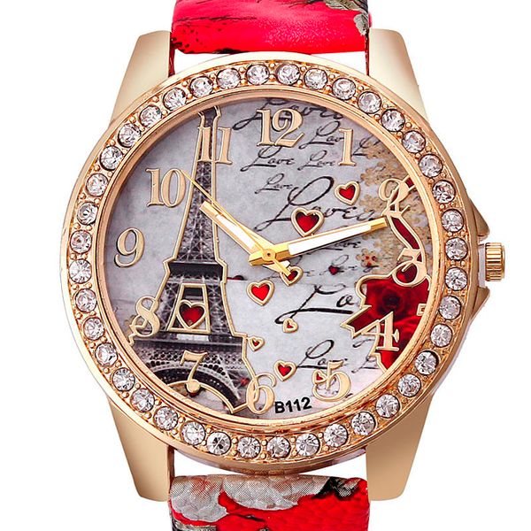 Grandi orologi da donna Fashion Luxury Crystal Paris Eiffel Tower Orologi da donna Orologio da polso al quarzo con cinturino in pelle Orologi da donna casual