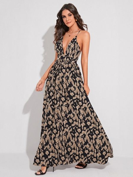 

allover print criss cross backless cami dress x4xo#, Black;gray