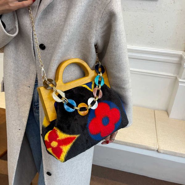 

brand designer faux fur plush tote handbags for women 2022 winter ladies chain shoulder bags with wooden handle
