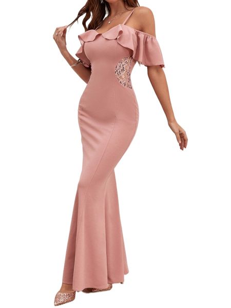 

cold shoulder ruffle detail mermaid hem dress m0vr#, Black;gray