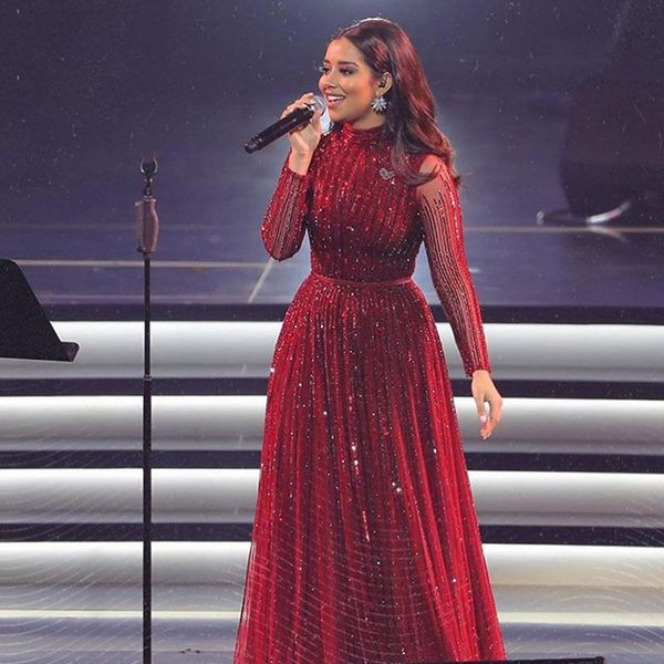 

burgundy arabic long sleeve evening dresses 2022 sparkly beaded flowy skirt high neck dubai aso ebi luxury prom dress yousef aljasmi, Black