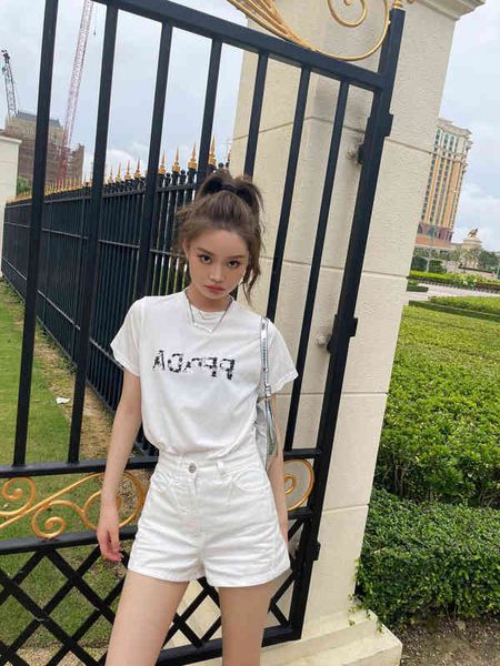 

summer new handmade pearl letter printing back small triangle loose and thin versatile women's t-shirt, White