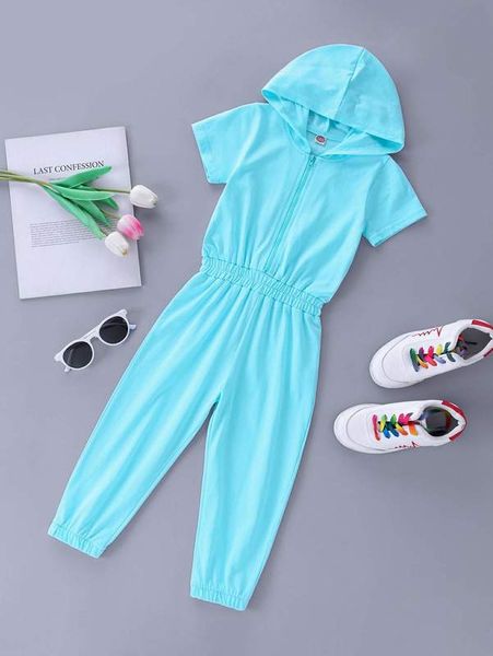 

toddler girls solid zipper front hooded jumpsuit she, Blue