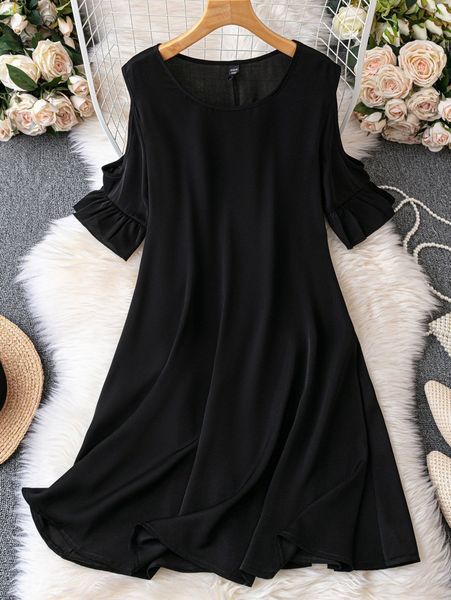 

plus cold shoulder flounce sleeve dress a3ud#, Black
