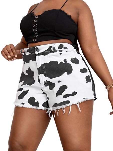 

plus cow print raw hem denim shorts p0cz#, White;black