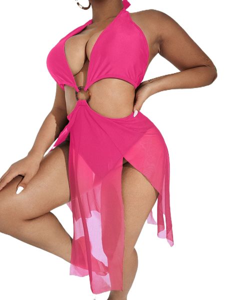 

plus o-ring tie back halter monokini q9g0#, White;black
