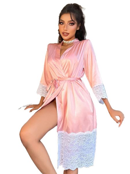 

contrast lace belted satin robe v5z2#, Black;red