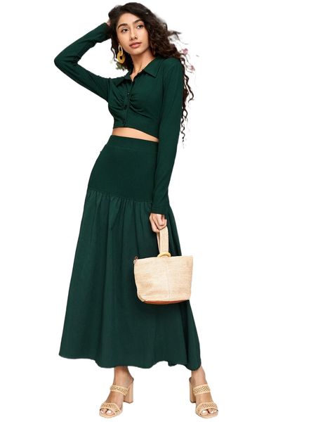 

ruched bust button front crop & ruffle hem skirt set a4ph#, White