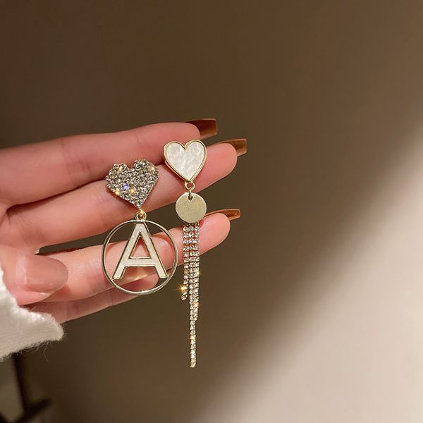 

925 silver needle asymmetric diamond-embedded love alphabet letter earrings korean long tassel earrings temperament entry lux eardrop for, Golden