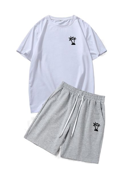 

men palm tree print tee & shorts g7l7#, Gray