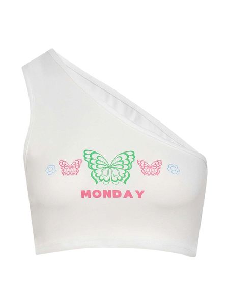 

butterfly & letter graphic one shoulder crop n53p#, White