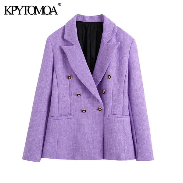 

women fashion double breasted tweed blazer coat vintage long sleeve pockets back vent female outerwear chic 210416, White;black