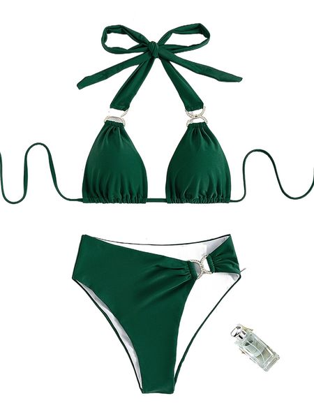 

rhinestone studded ring linked bikini swimsuit r74i#, White;black