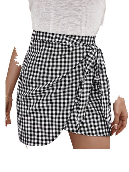 

gingham wrap tie side skirt 16kk#, Black