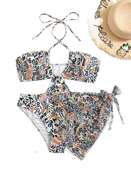 

plus allover print cut out one piece swimsuit & beach skirt u4q5#, White;black
